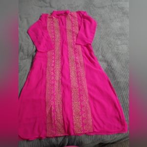 #63)Indian Kurta/Bright Pink w Gold Thread Embroidery/Size Lg